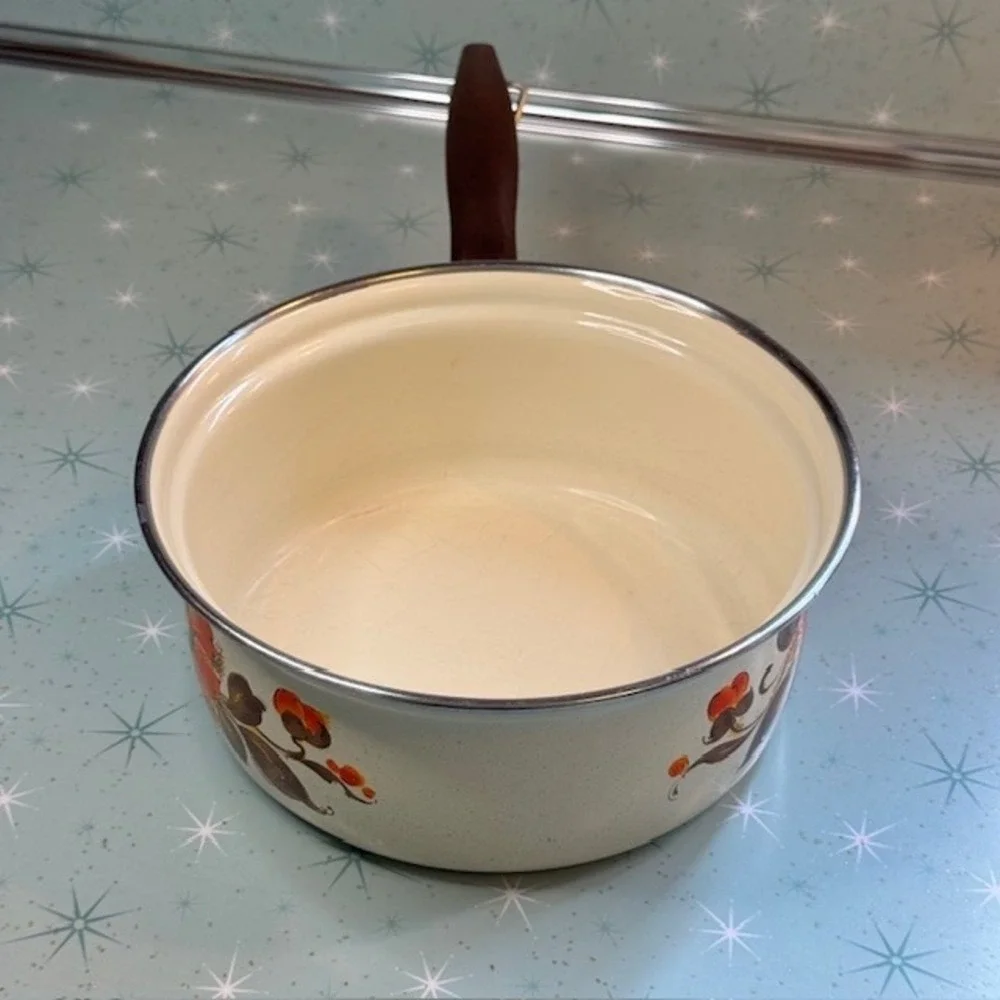 Vintage 1970s Moneta #18 Enamel Saucepan Pot Orange &‎ Brown Floral Boho Italy